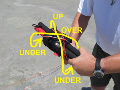 tutorial diagram of kite handle with no 2nd stopper knot on brake toggle but brake lines are secured behind leash attachment