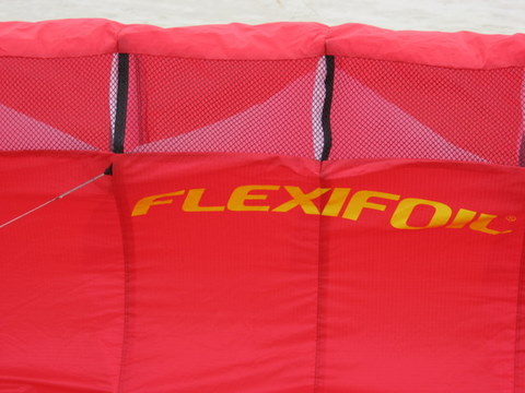 Image of kite leading edge with mesh covered vents and diagonal ribs
